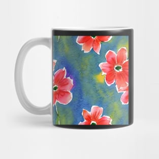 red flowers against a blue and yellow bg Mug